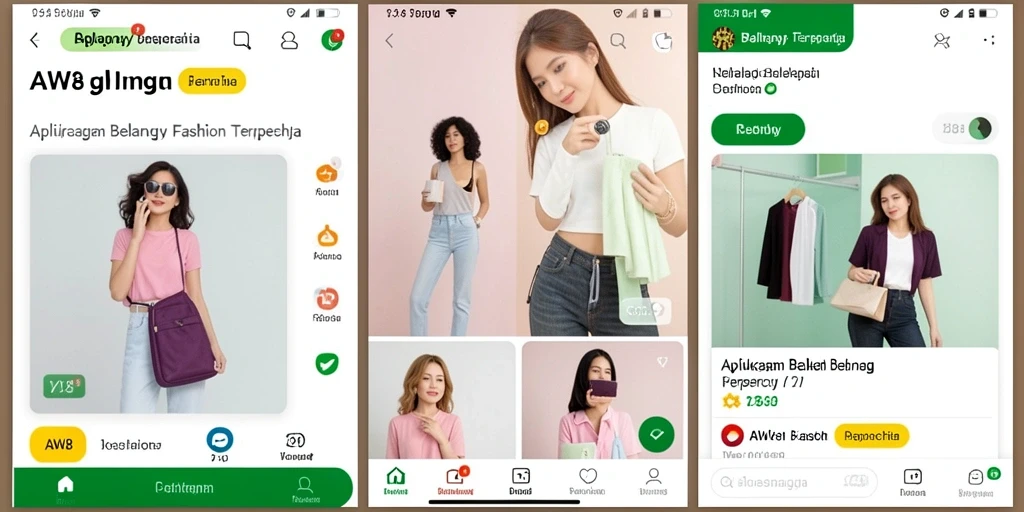Screenshot antarmuka aplikasi AW8 dengan berbagai produk fashion.