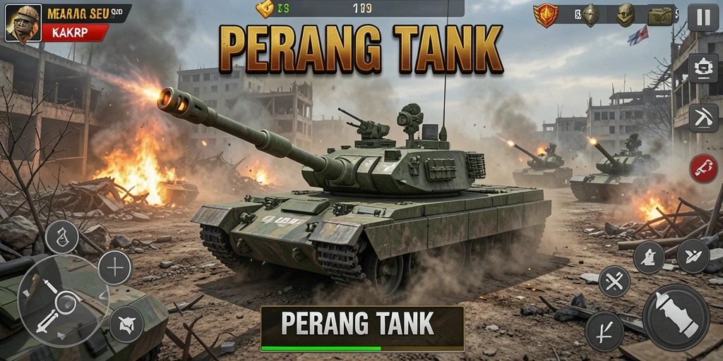 Tampilan antarmuka KAKRP yang menawan dengan tank tempur dan medan perang.